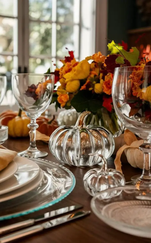 A close-up of a dining table featuring glass elements as part of the fall decor. Clear vases, glass chargers, and decorative glass pumpkins add an elegant and airy feel, reflecting light beautifully and contrasting with the rich, warm tones of autumn.