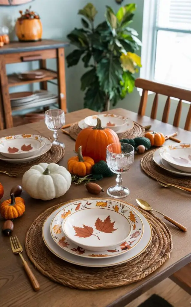 Tableware with fall motifs like leaves, pumpkins, and acorns set on a dining table. This seasonal tableware adds a festive touch to meals and enhances the kitchen's fall decor.