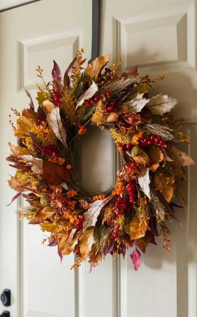 A fall-themed wreath made of dried flowers, leaves, and berries hanging on a kitchen door. This beautiful fall decor piece welcomes the season with its vibrant colors and textures.