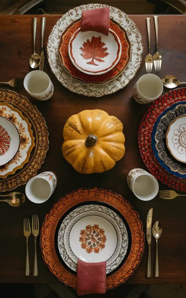 A dining table set with vintage dinnerware featuring intricate designs and warm colors. The fall decor dinnerware adds charm and character, with different patterns creating a unique, eclectic look.