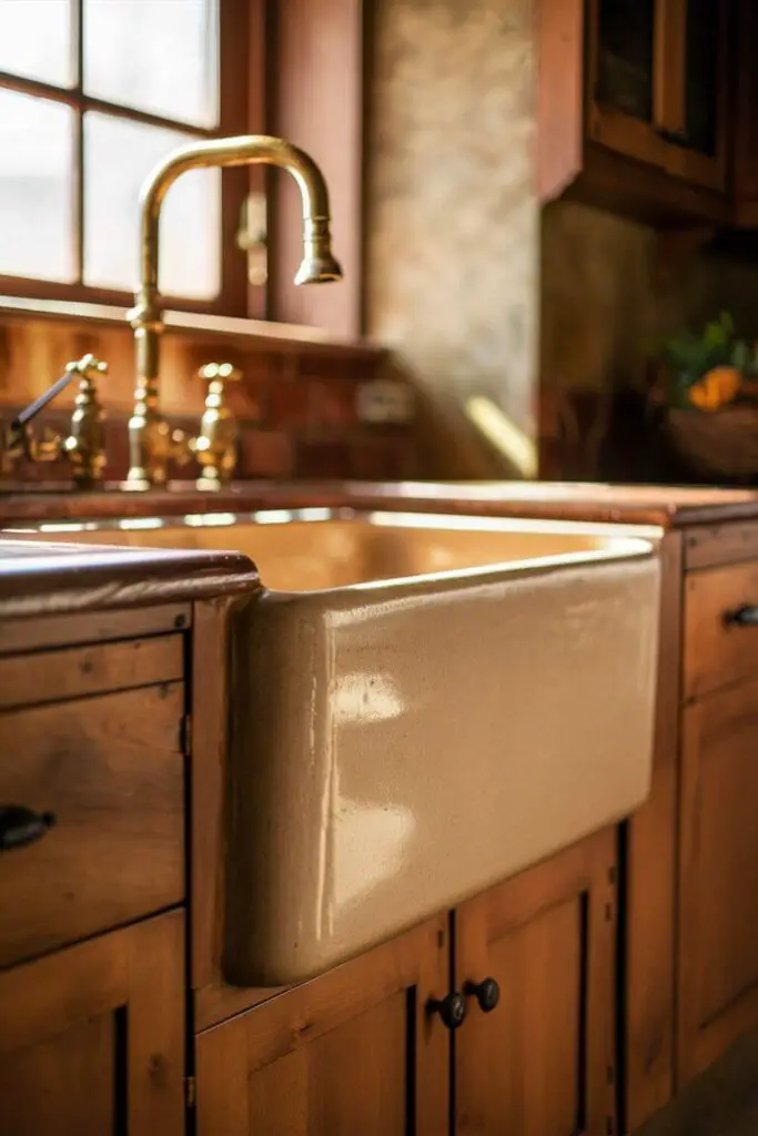 A captivating close-up photograph of an earthy kitchen, focusing on a fireclay farmhouse sink. The sink features a deep basin and an apron front, creating a classic and timeless aesthetic. The kitchen showcases warm wooden cabinets, rustic countertops, and vintage-inspired brass faucets. A subtle glow emanates from the sunlight streaming through a window, casting a soft, golden hue over the entire scene.