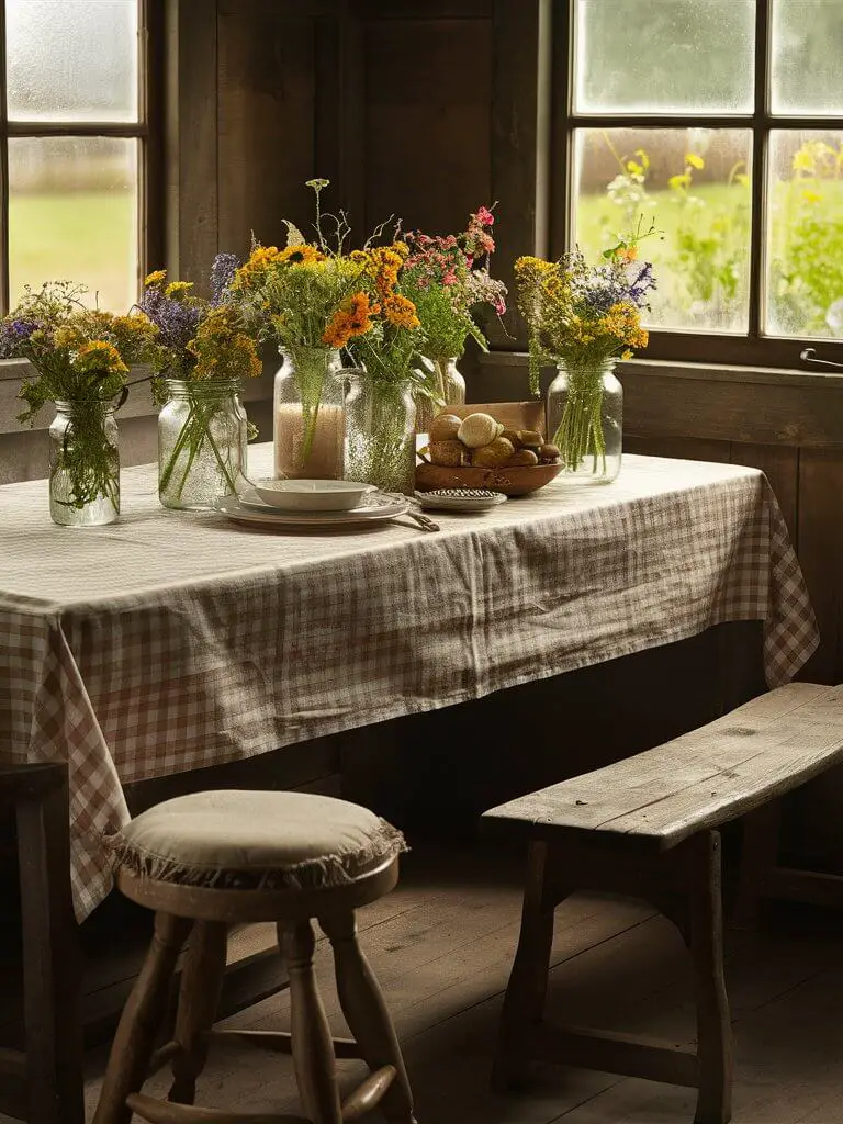 A charming, cozy farmhouse breakfast nook with a rustic wooden table and bench. The table is adorned with an elegant gingham tablecloth, creating a warm and inviting atmosphere. Various mason jars filled with colorful wildflowers serve as centerpieces, adding a touch of natural beauty. A wooden stool with a cushion sits in the corner, waiting to welcome a tired farmer after a long day's work. The soft morning light filters through the windows, casting a gentle glow over the scene and the dew-kissed garden outside.