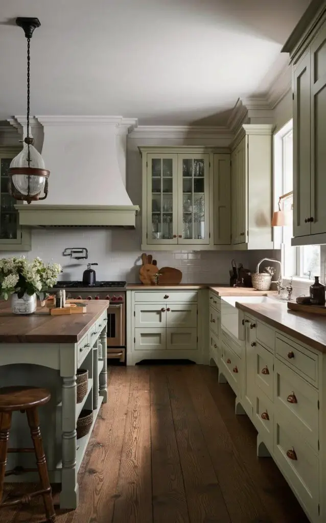 A Federal-style kitchen with clean lines and muted colors. Shaker-style cabinetry and wooden countertops create a simple, symmetrical design. Traditional hardware and a central island or farmhouse table add to the practical yet charming aesthetic.