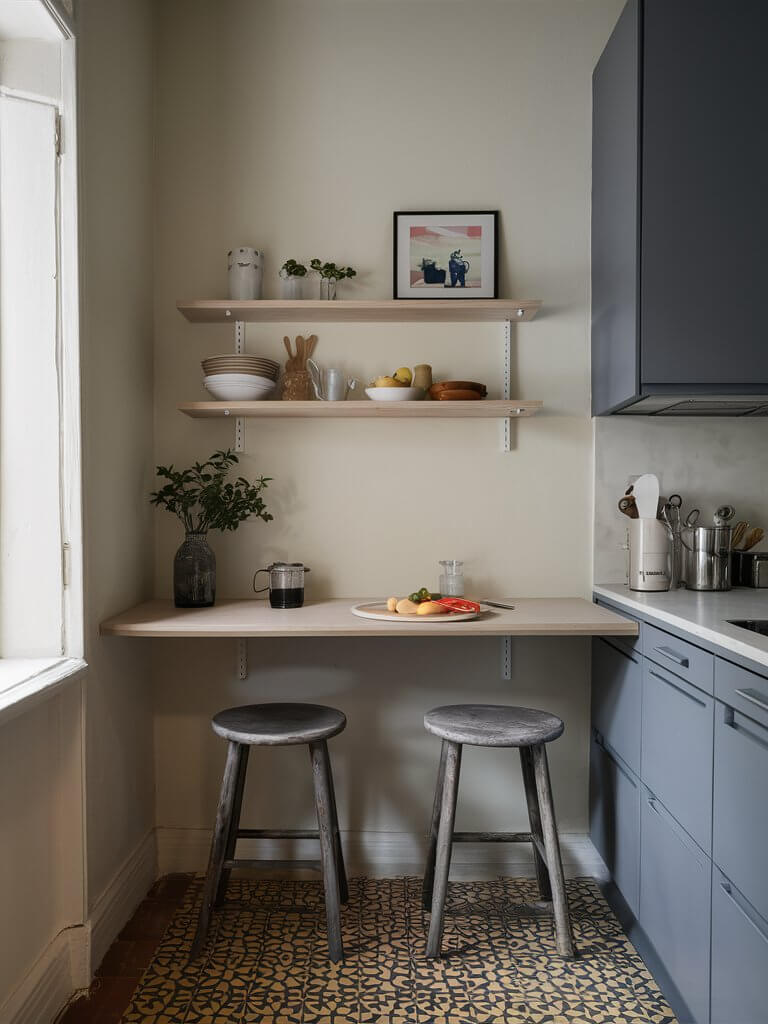 A minimalist floating shelf table mounted on the wall with two stools tucked underneath in a small kitchen.