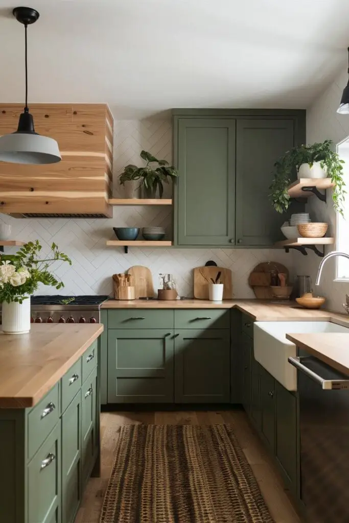 A refreshing kitchen showcasing the forest green and light wood color combination. Forest green cabinets are complemented by light wood countertops and open shelving, creating a natural and inviting atmosphere.