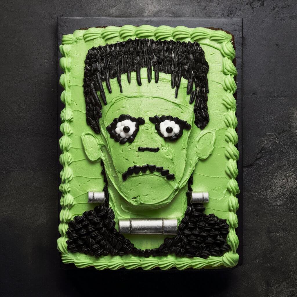 A rectangular Halloween cake frosted with green icing, designed to look like Frankenstein. Black frosting hair, and candy details for bolts, eyes, and stitches bring the classic monster to life.