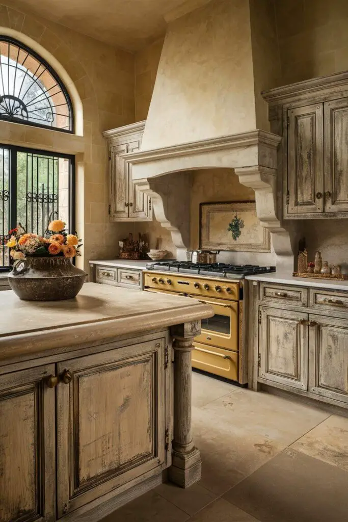 A stunning close-up view of a In the image of a French Chateau-inspired kitchen, the scene is bathed in warm, natural light filtering through large, arched windows with wrought iron grilles. The centerpiece of the kitchen is a spacious island made of distressed wood, its surface polished to reveal the grain and knots, giving it a rustic yet refined appearance. The island is topped with a luxurious stone countertop, a light beige hue with subtle marbling, adding a touch of elegance.

Surrounding the island are distressed wood cabinets, their weathered finish showcasing a mix of soft greys and creams, enhancing the antique look. The cabinets feature wrought iron handles, intricately designed with floral motifs, which add to the vintage charm. Above the stove, a vintage-style range, with its cast iron and brass accents, stands as a testament to timeless craftsmanship.

A large, white farmhouse sink with an apron front is set against the stone countertops, blending functionality with style. Above the sink, a window framed with trailing ivy offers a picturesque view of a lush, green garden, further bringing the outdoors in.

The ceiling is adorned with exposed wooden beams, their dark stain contrasting beautifully with the lighter tones of the cabinetry and countertops. Hanging from these beams are two ornate chandeliers, their crystal droplets sparkling in the light, casting delicate patterns on the ceiling and walls.

The flooring is made of wide, reclaimed wooden planks, their aged appearance adding warmth and continuity to the space. Along one wall, open shelves display an array of vintage crockery, copper pots, and decorative jars filled with dried herbs and spices, each item carefully chosen to enhance the French countryside aesthetic.

In one corner, a cozy nook is created with a small, round bistro table and two wrought iron chairs with cushioned seats. A vase of fresh lavender sits atop the table, filling the air with its gentle fragrance.

Overall, the image captures the essence of a French chateau kitchen, 