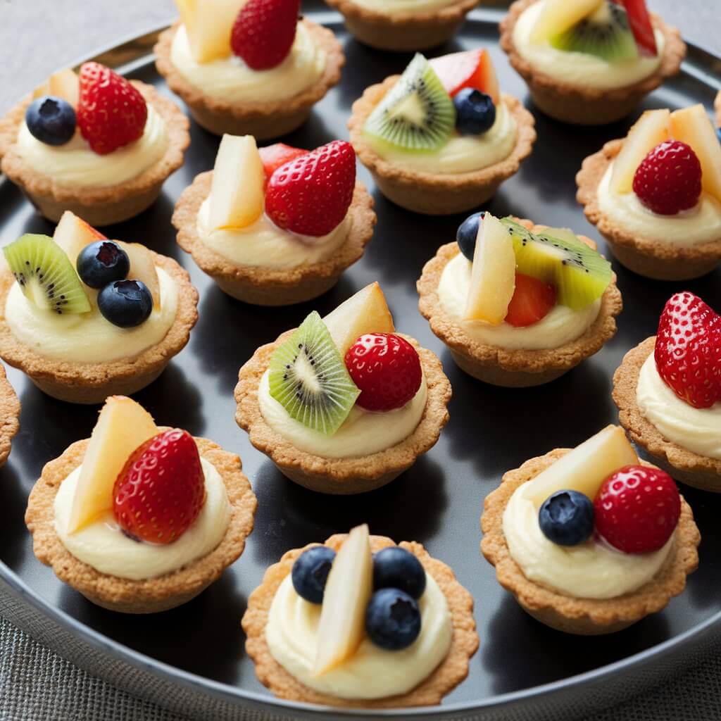 Mini fruit tartlets with golden pastry shells, filled with creamy custard and topped with a selection of fresh fruits like kiwi, strawberries, and blueberries, arranged beautifully in a platter.