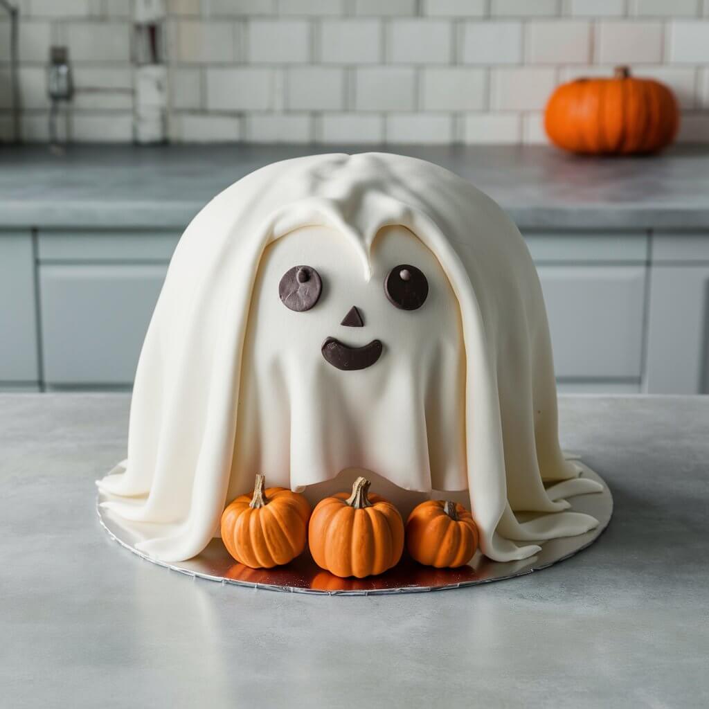 A round cake is transformed into an adorable ghostly figure. The cake is covered in smooth white fondant, draped over it to create a soft, flowing shape reminiscent of a classic Halloween ghost. The fondant forms gentle folds, adding a touch of realism to the ghostly appearance. Two large, round eyes made from black fondant or chocolate chips sit prominently near the top of the cake, giving the ghost an expressive and friendly look. Below the eyes, a small, round mouth made of black fondant or a chocolate chip adds to the cake's cute yet eerie charm. The cake sits on a simple, clean kitchen countertop surface, ensuring that the ghost design is the focal point of the image, the kitchen is incorporated with three pumpkins.