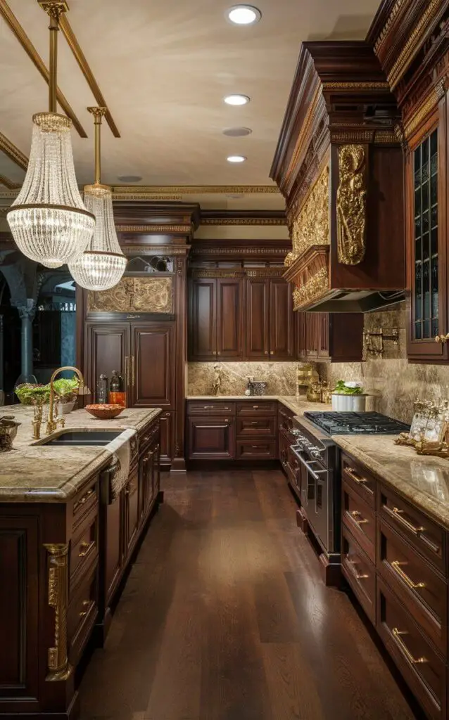 A realistic Gilded Age kitchen with rich wood cabinetry, marble or granite countertops, and gilded accents. Large chandeliers and intricate moldings create an opulent, luxurious feel. High-end appliances and lavish details reflect the extravagance of the late 19th century.