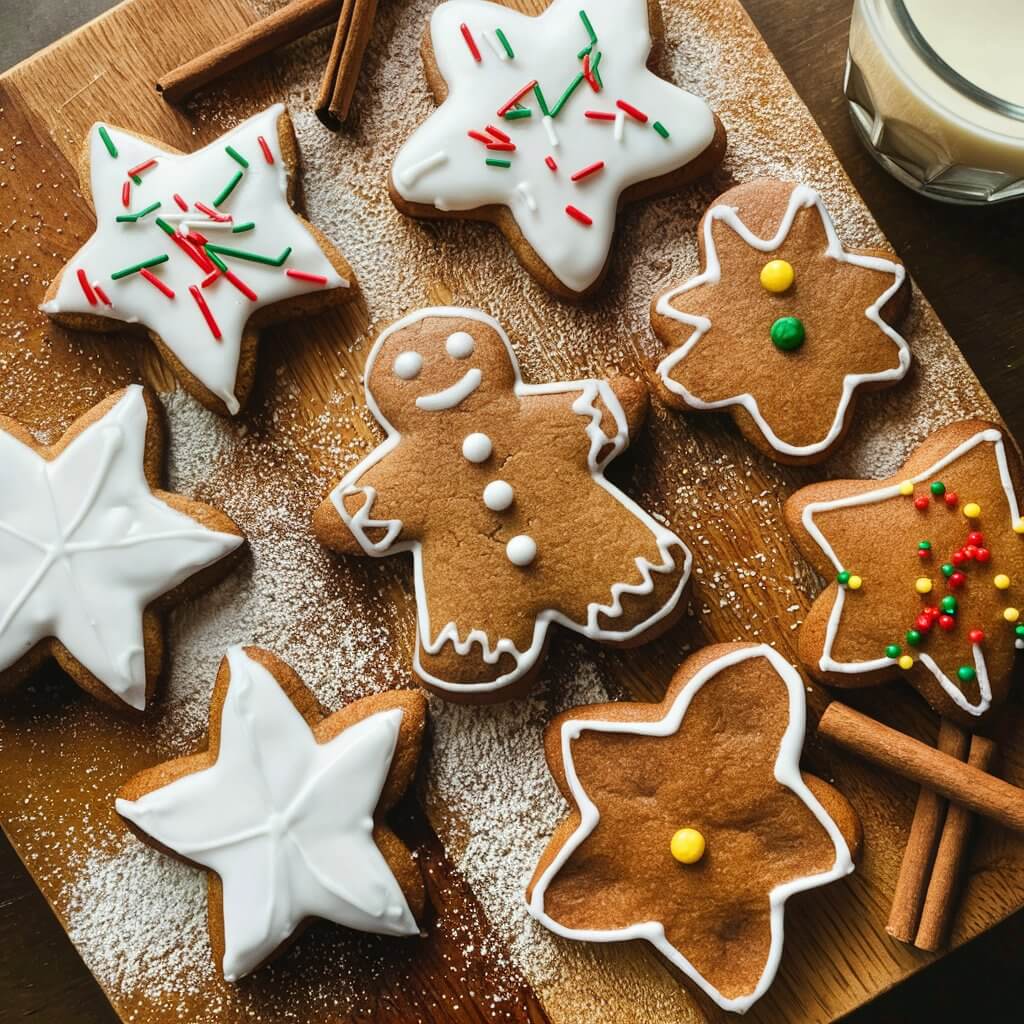 A batch of gingerbread cookies in various festive shapes, decorated with white icing and colorful sprinkles. The cookies are arranged on a wooden board with a dusting of powdered sugar. Cinnamon sticks and a glass of milk are set beside them.