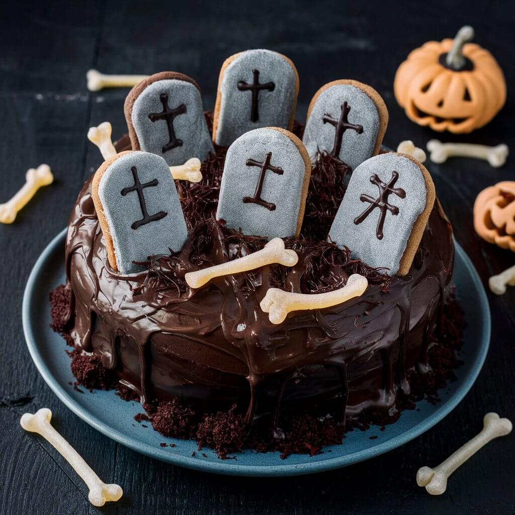 A chocolate Halloween cake designed to look like a graveyard. Tombstone-shaped cookies and gummy worms add to the spooky atmosphere, with candy bones scattered around for extra effect.