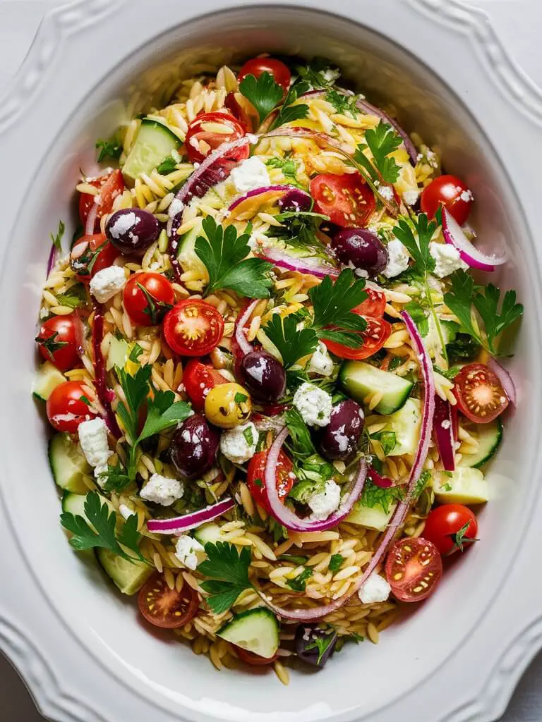 A sumptuous, vibrant Greek Orzo Salad is artfully presented in a pristine white ceramic bowl. The cooked orzo pasta is entwined with an assortment of fresh, colorful ingredients, including diced cucumbers, juicy cherry tomatoes, vibrant red onions, plump Kalamata olives, and crumbled feta cheese. The salad is drizzled with a tangy vinaigrette, and the entire dish is beautifully garnished with fresh parsley leaves, adding a touch of green contrast. The enticing aroma and visual appeal of this Mediterranean delight make it an irresistible choice for any dining experience.