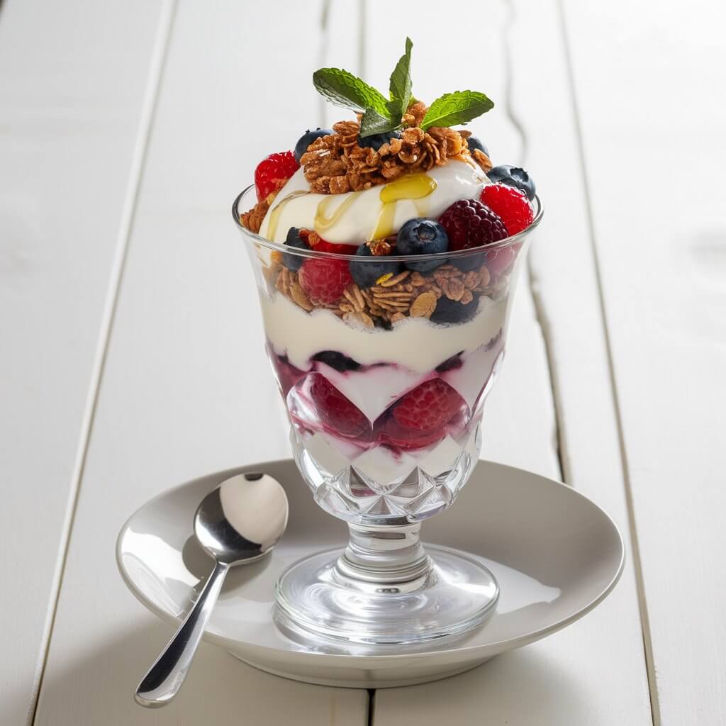 A delectable parfait creation featuring a tall, crystal clear glass filled with layers of velvety Greek yogurt, vibrant fresh berries, and crunchy granola. The masterpiece is beautifully adorned with a drizzle of golden honey and a few fresh mint leaves for garnish. The parfait sits elegantly atop a pristine white, light wooden table, accompanied by a gleaming silver spoon, inviting one to indulge in its delightful flavors and textures.