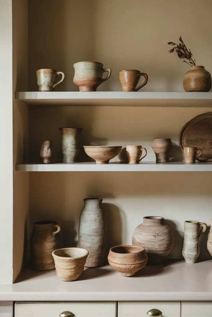 An earthy kitchen decorated with handcrafted pottery pieces, including mugs, bowls, and vases. on the open shelves. The organic shapes and earthy glazes of the pottery enhance the natural, handmade feel.