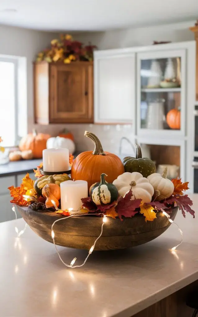 A rustic wooden bowl filled with pumpkins, gourds, autumn leaves, and candles, creating a stunning fall decor centerpiece on a kitchen island. Fairy lights are gently wrapped around the arrangement, enhancing the cozy fall ambiance.