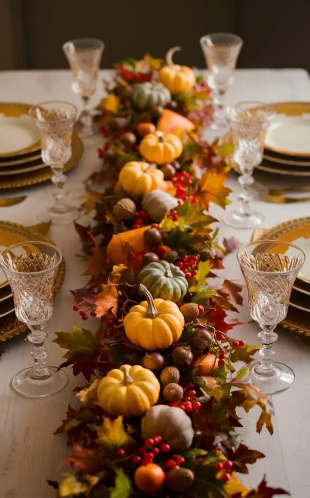 A delightful and cozy autumn scene featuring a beautifully set dining table adorned with a harvest-themed garland. The garland, running down the center, is filled with small pumpkins, acorns, berries, and vibrant leaves, symbolizing the abundance of the season. The table is set with warm, golden dinnerware and elegant crystal glassware, creating an inviting atmosphere. Warm, glowing candles are placed in vintage holders, casting a soft, golden light on the scene.