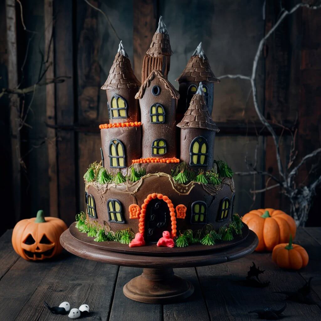 An elaborate Halloween cake designed to resemble a haunted house. Multi-layered with fondant or gingerbread house details, and decorated with icing ghosts and eerie windows for a truly spooky effect.