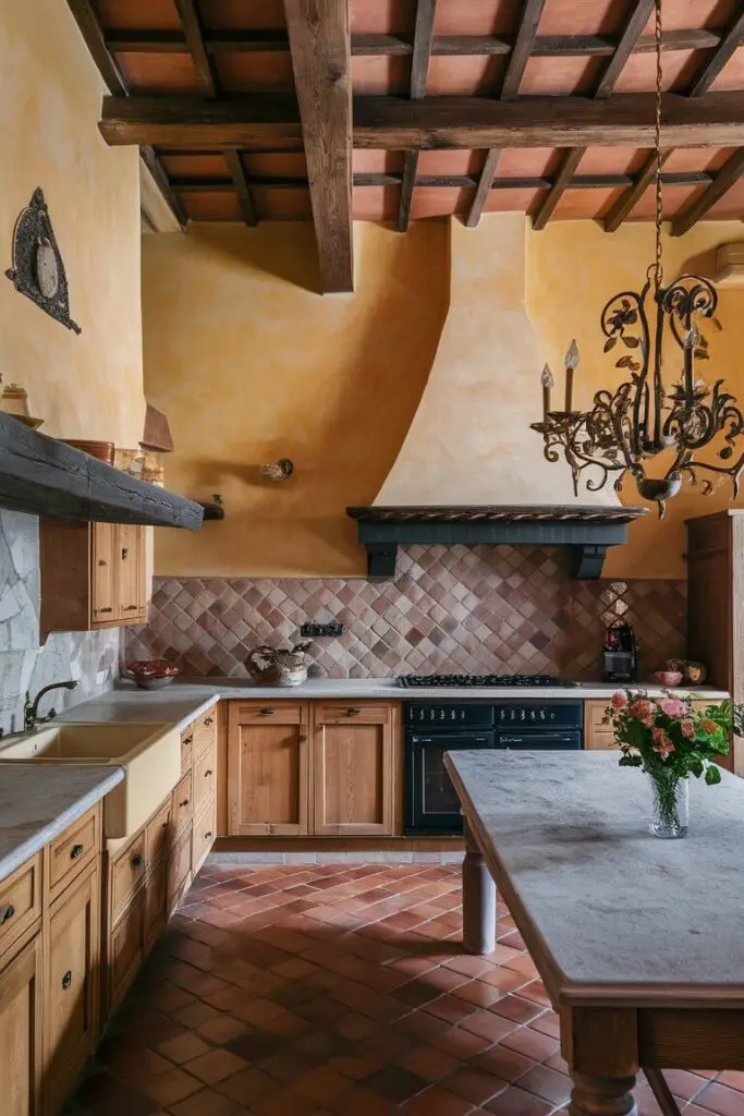 A charming Italian villa kitchen with warm, earthy tones and terracotta tiles. Exposed wooden beams and wrought iron fixtures add character, while handcrafted cabinetry and stone countertops provide a rustic yet elegant atmosphere. An ornate chandelier hangs above a large wooden table.