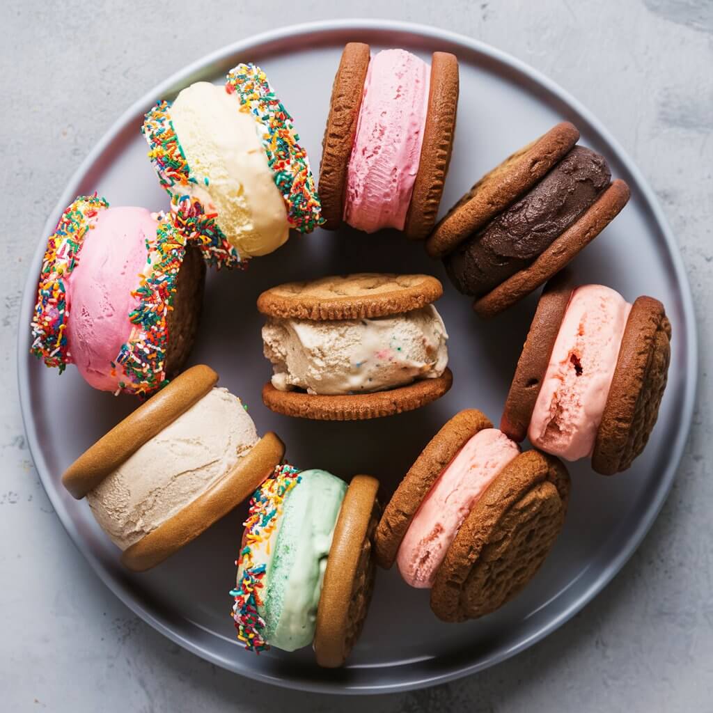 A platter with variety of ice cream sandwiches made with different types of cookies and ice cream flavors. Some sandwiches have colorful sprinkles around the edges, adding a fun touch.