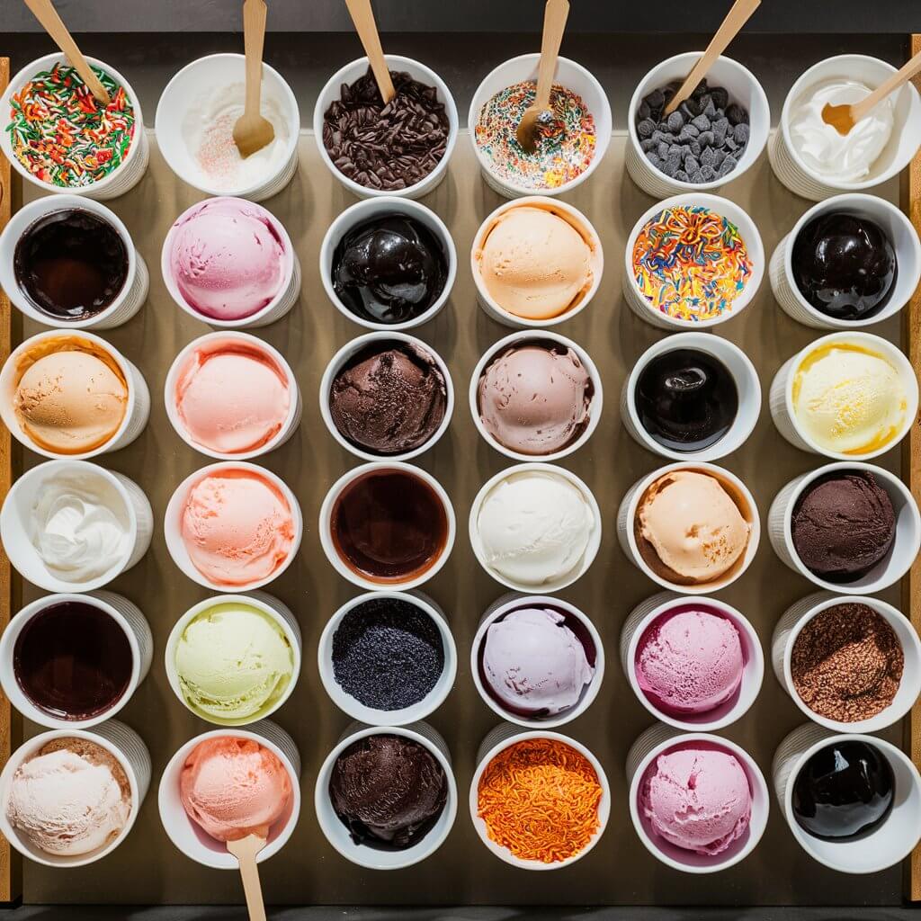 An ice cream sundae bar setup with an array of ice cream flavors and bowls of toppings including sprinkles, chocolate chips, whipped cream, and syrups. Guests can create their own personalized sundaes.