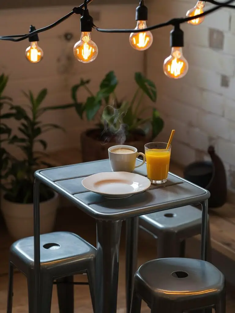 A cozy and modern industrial breakfast nook, featuring a compact metal table and matching stools. The table is adorned with a simple white plate, a steaming cup of coffee, and a glass of fresh orange juice. Overhead, exposed light bulbs hang, casting a warm and inviting glow. The background showcases a few potted plants and a subtle brick wall, adding to the rustic charm. The overall ambiance is comforting and visually appealing.