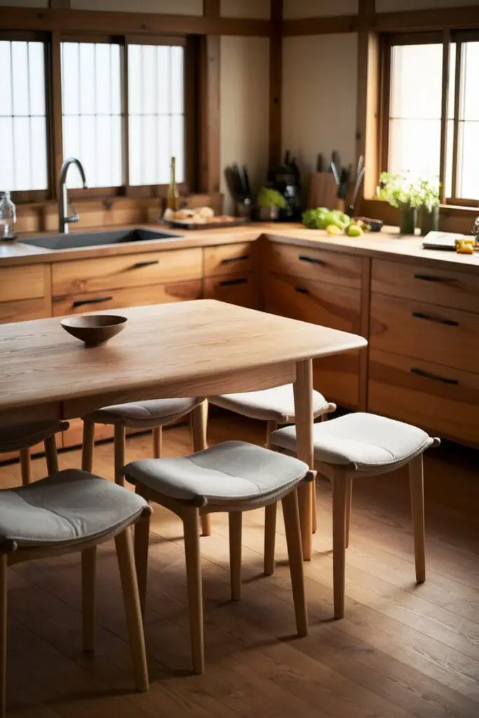 A serene Japandi-style kitchen with a wooden dining table and matching stools, inviting warmth and coziness. The table is adorned with a simple yet elegant centerpiece, while the stools feature comfortable cushions. The butcher block countertops showcase sharp knives and fresh ingredients, ready for culinary exploration. Large windows allow natural light to fill the space, highlighting the beautiful wood grain and creating a harmonious blend of Japanese and Scandinavian design elements.