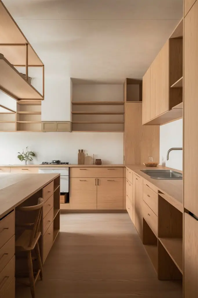 A tranquil Japandi-style kitchen, showcasing the perfect blend of Japanese and Scandinavian designs. Light wood tones such as oak, ash, or pine are used for the cabinetry and furniture, creating a seamless and unified look. The open shelves emphasize simplicity and functionality, while the absence of an upper cabinet enhances the spaciousness of the room. The space is bathed in natural light, accentuating the clean lines and minimalistic design. The airy atmosphere is further enhanced by the open layout and the harmonious fusion of two distinct design philosophies, resulting in a calming, inviting, and spacious environment.