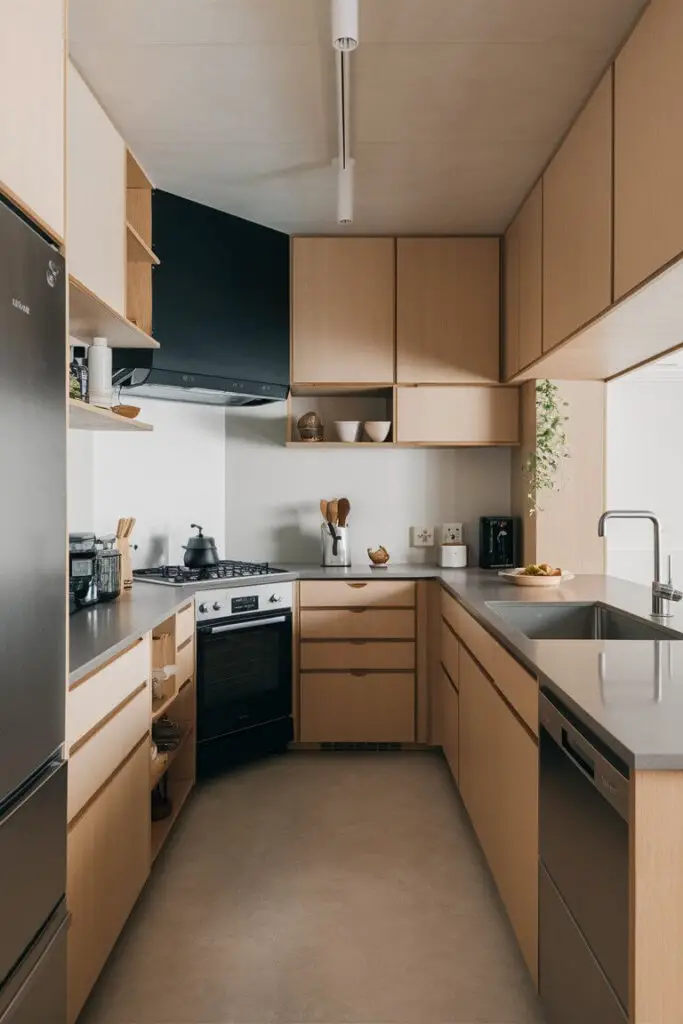 a close-up photograph of The image showcases a Japandi kitchen, a harmonious blend of Japanese minimalism and Scandinavian functionality. The space features sleek, modern appliances in stainless steel and matte black finishes. Each appliance, including the refrigerator, gas stove oven, dishwasher, and various countertop appliances, seamlessly integrates into the overall kitchen design, maintaining a clean and uncluttered aesthetic. The cabinetry and countertops are simple and elegant, contributing to the kitchen's serene and balanced ambiance. There is one stainless steel kitchen sink with a faucet. Light wood accents and natural elements are subtly incorporated, enhancing the warm and inviting atmosphere while preserving the kitchen's minimalist appeal.