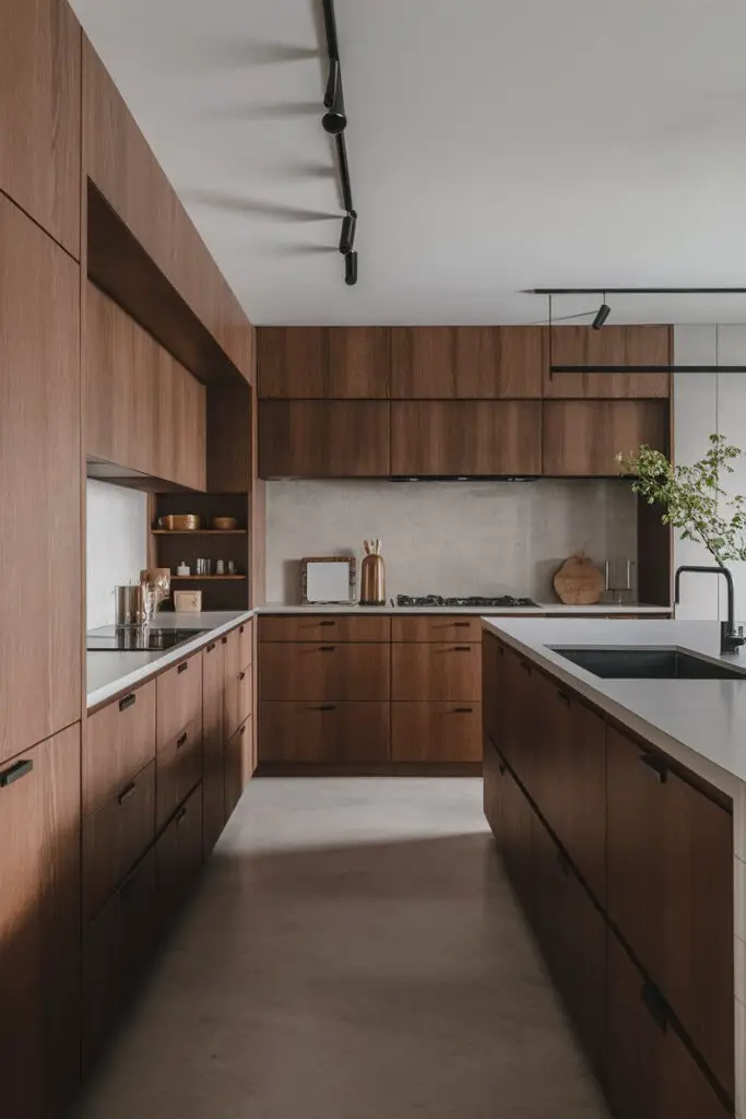 "In this Japandi-inspired kitchen, sleek pull-out cabinets and concealed drawers offer seamless organization. Built-in organizers maintain a clutter-free environment, blending minimalist aesthetics with efficient storage solutions."