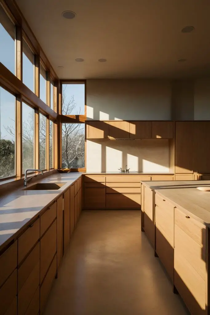 a Japandi kitchen is bathed in natural light pouring through large windows. The spacious kitchen features minimalist wooden cabinetry and countertops, complemented by subtle earth tones. The abundance of natural light accentuates the kitchen's open and airy ambiance, casting soft shadows across the clean lines of the furniture and emphasizing the serene atmosphere of the room.