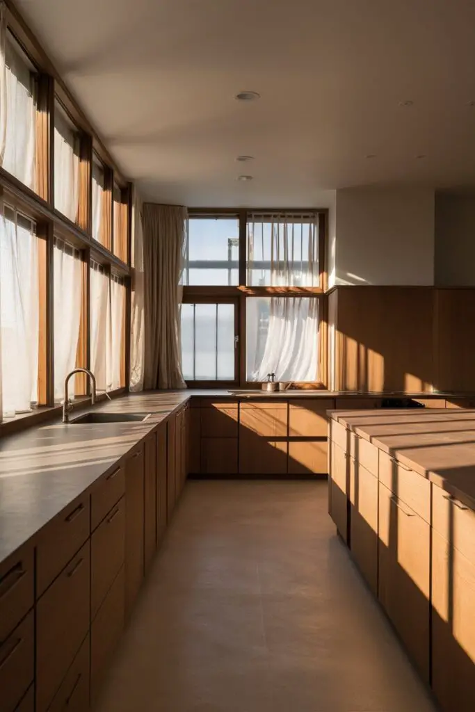 a Japandi kitchen is bathed in natural light pouring through large windows adorned with sheer curtains. The spacious kitchen features minimalist wooden cabinetry and countertops, complemented by subtle earth tones. The abundance of natural light accentuates the kitchen's open and airy ambiance, casting soft shadows across the clean lines of the furniture and emphasizing the serene atmosphere of the room.