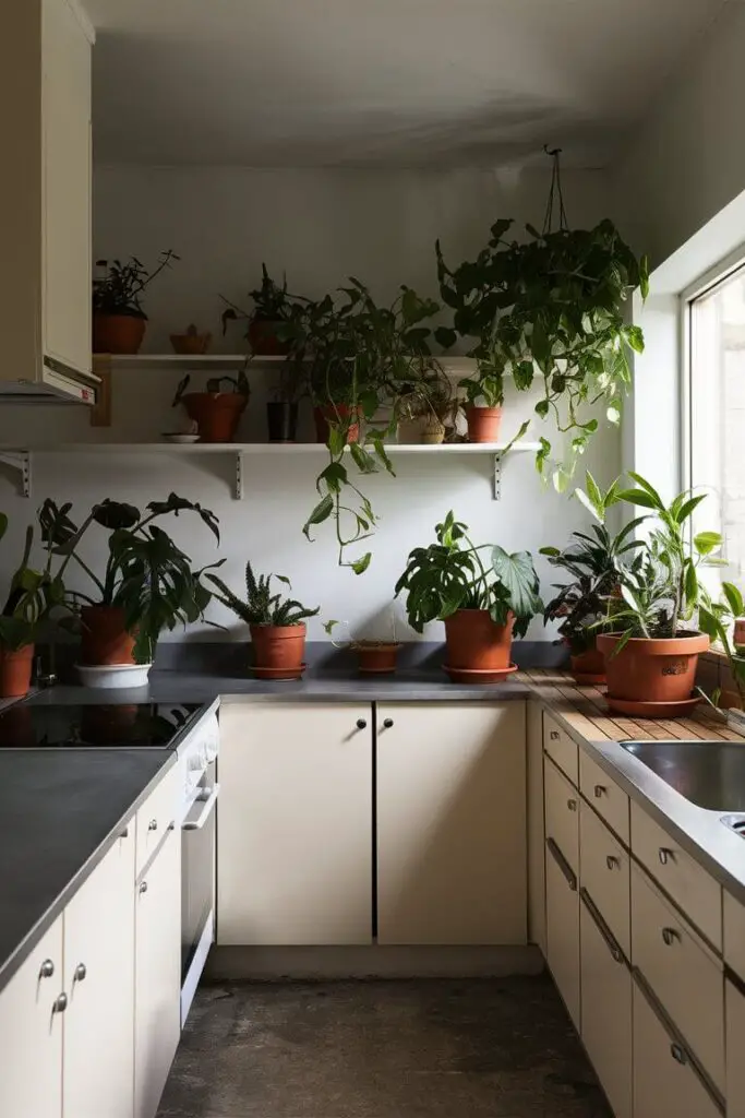 A Japandi kitchen with several potted plants on the countertops and shelves. The greenery adds a touch of freshness and life to the minimalist space.