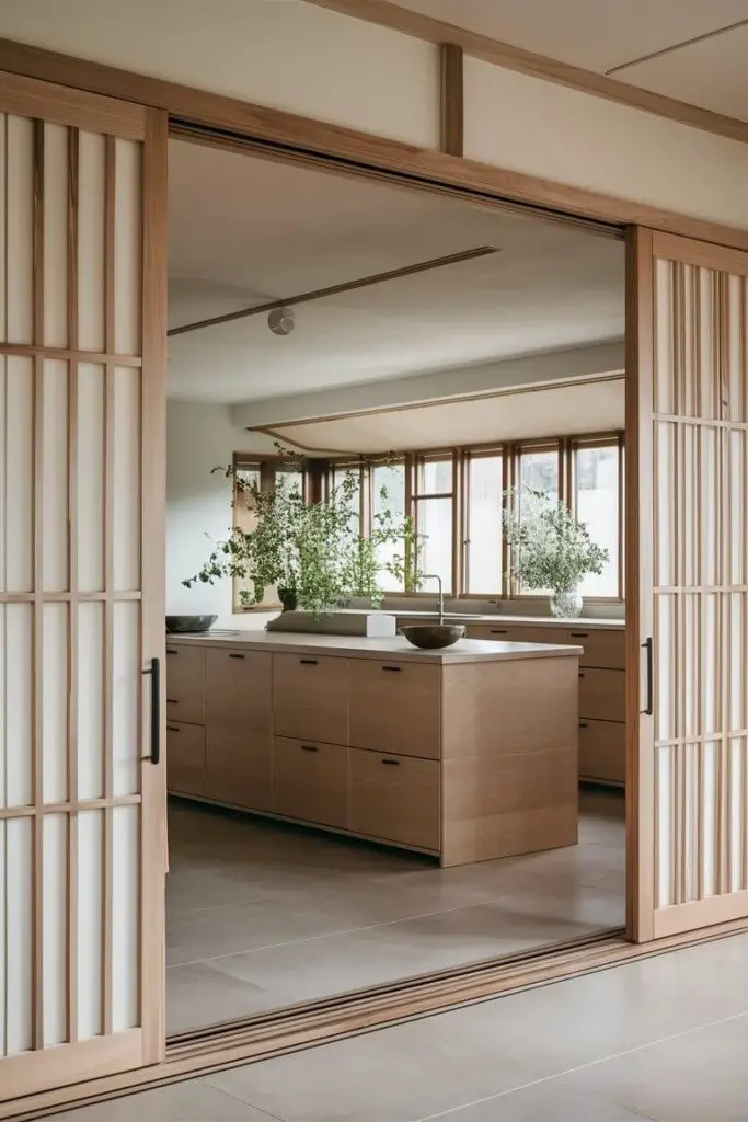 A serene and elegant Japandi kitchen design. Large sliding wooden doors open to reveal a pristine and functional space, beautifully combining Japanese and Scandinavian aesthetics. The minimalist, light wood doors feature sleek handles and glide smoothly. The kitchen is bathed in soft natural light streaming through large windows, accentuating the simple color palette and strategically placed greenery. The clean lines, muted tones, and harmonious blend of simplicity and elegance create a tranquil, inviting atmosphere.