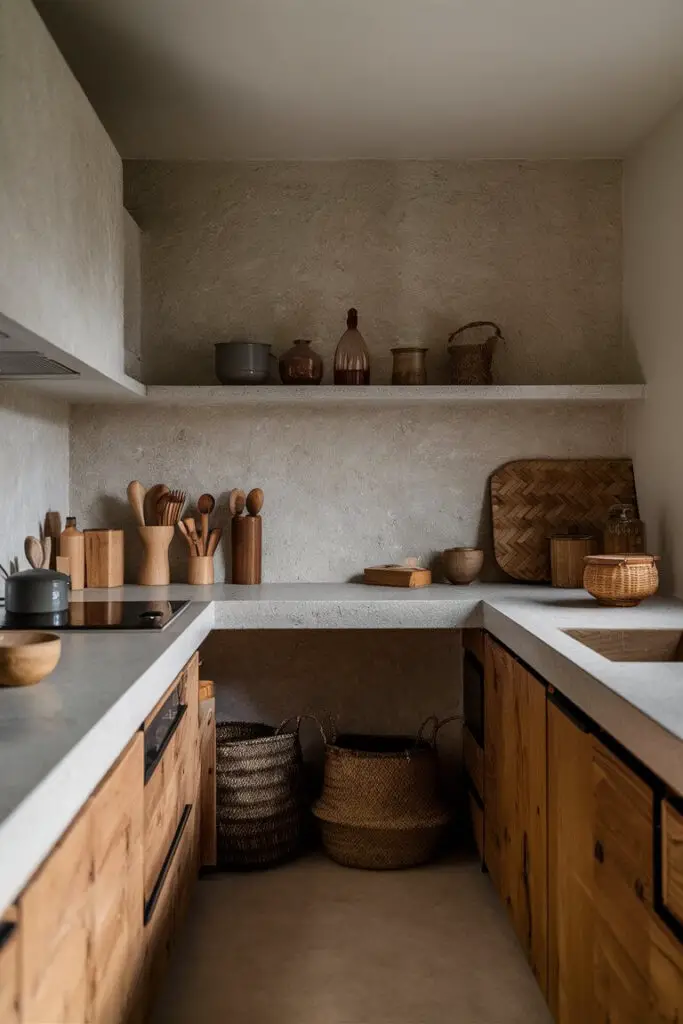 A Japandi kitchen beautifully combines different textures, creating a harmonious and visually engaging space. The smooth stone countertops provide a sleek and modern surface, contrasting elegantly with the warmth of wooden utensils and the organic feel of woven baskets. This blend of textures adds depth and interest to the design, enhancing the minimalist yet cozy aesthetic typical of Japandi style. The overall effect is a serene and balanced environment that effortlessly merges the simplicity of Japanese design with the rustic charm of Scandinavian interiors.