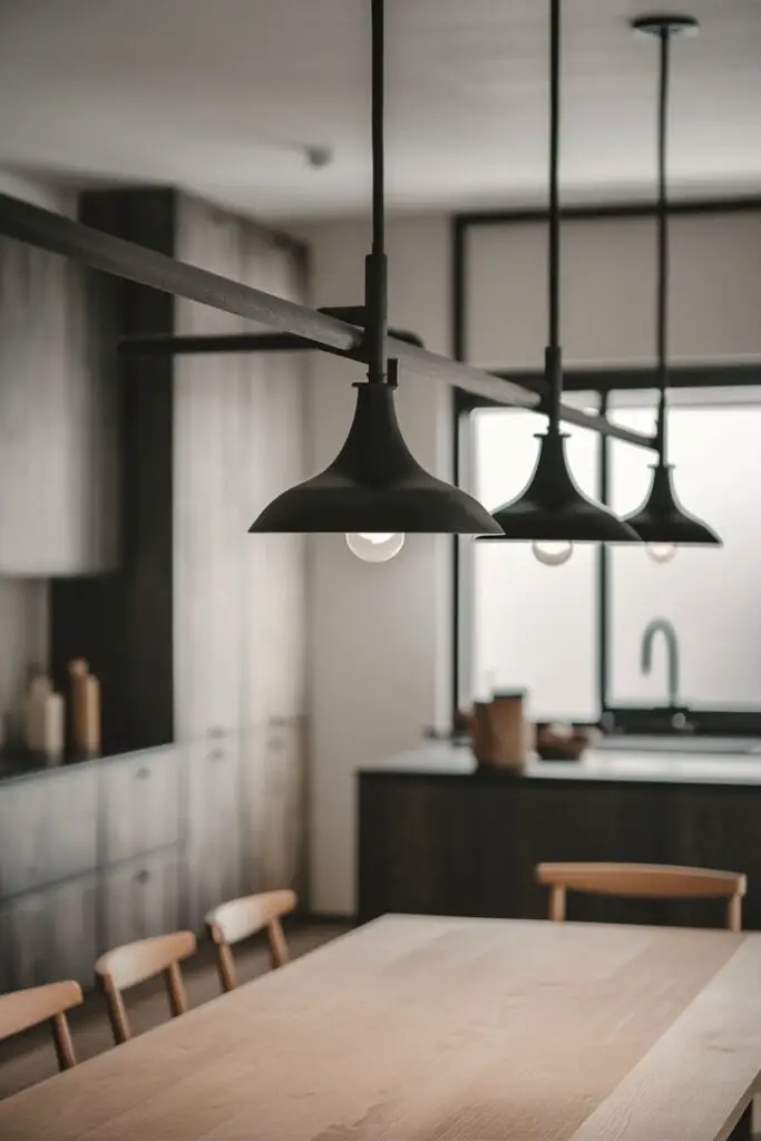 a close-up shot of a Japandi kitchen featuring black hardware, light fixtures, and small decor items. The black elements create contrast and depth against a neutral palette. The kitchen includes a minimalist wooden dining table with complementary chairs, clean lines, and subtle textures that emphasize simplicity and harmony.