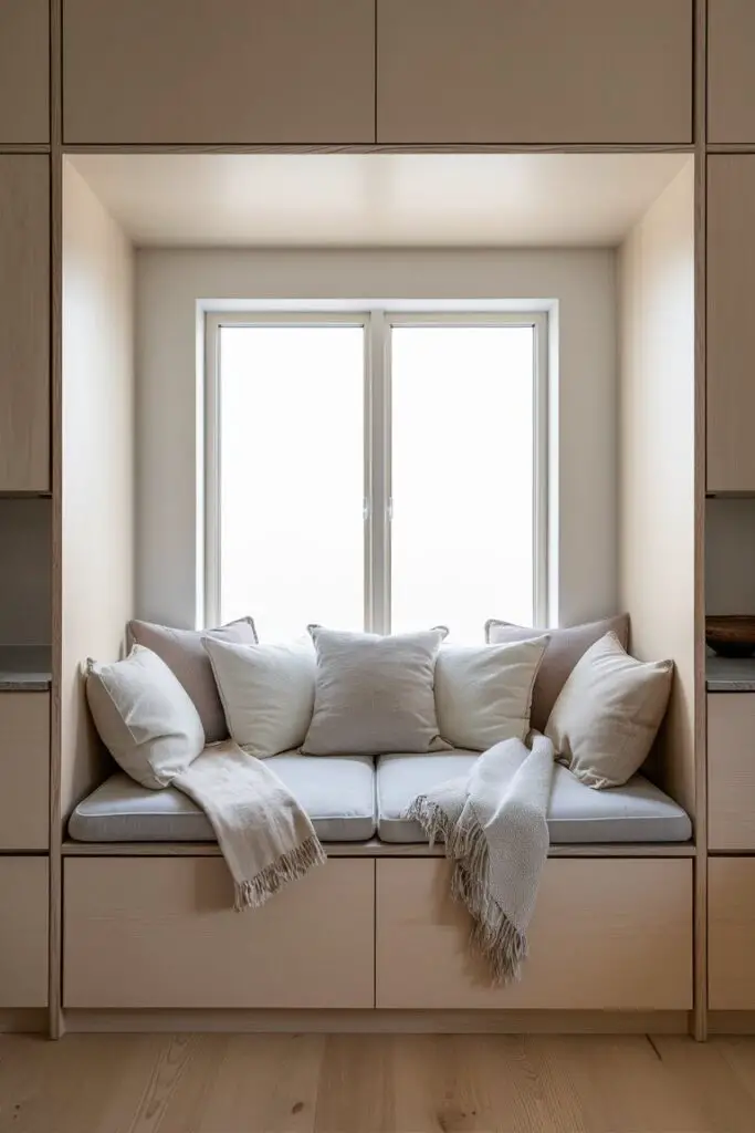 a close-up shot of In the center of the Japandi kitchen, there is a built-in seating area designed as a cozy breakfast nook or window seat. The seating is integrated seamlessly into the room's structure, crafted from smooth, light-toned wood that complements the minimalist aesthetic of the space.

The cushions and throws on the seating are adorned in serene, neutral hues, ranging from soft beige to light grey, enhancing the tranquil ambiance of the room. The cushions are generously padded, inviting comfort and relaxation, while the throws add a layer of texture with their finely woven patterns.

Above the seating area, a large window lets in ample natural light, creating a bright and airy atmosphere. The window is framed with slim, dark metal profiles, echoing the subtle contrast found elsewhere in the kitchen's design.

In the background, the kitchen features clean lines and simple yet elegant cabinetry, predominantly in muted tones like pale oak or matte white. The countertops are smooth and uncluttered, possibly made from natural materials like marble or quartz, contributing to the overall sense of harmony and balance in the Japandi style.

The flooring is a continuation of the kitchen's minimalist approach, possibly a light-colored hardwood or polished concrete, adding warmth and depth to the space without overpowering the serene ambiance.

Overall, the Japandi kitchen with its built-in seating area exemplifies a blend of Japanese minimalism and Scandinavian coziness, achieving a harmonious balance between functionality and aesthetic appeal.