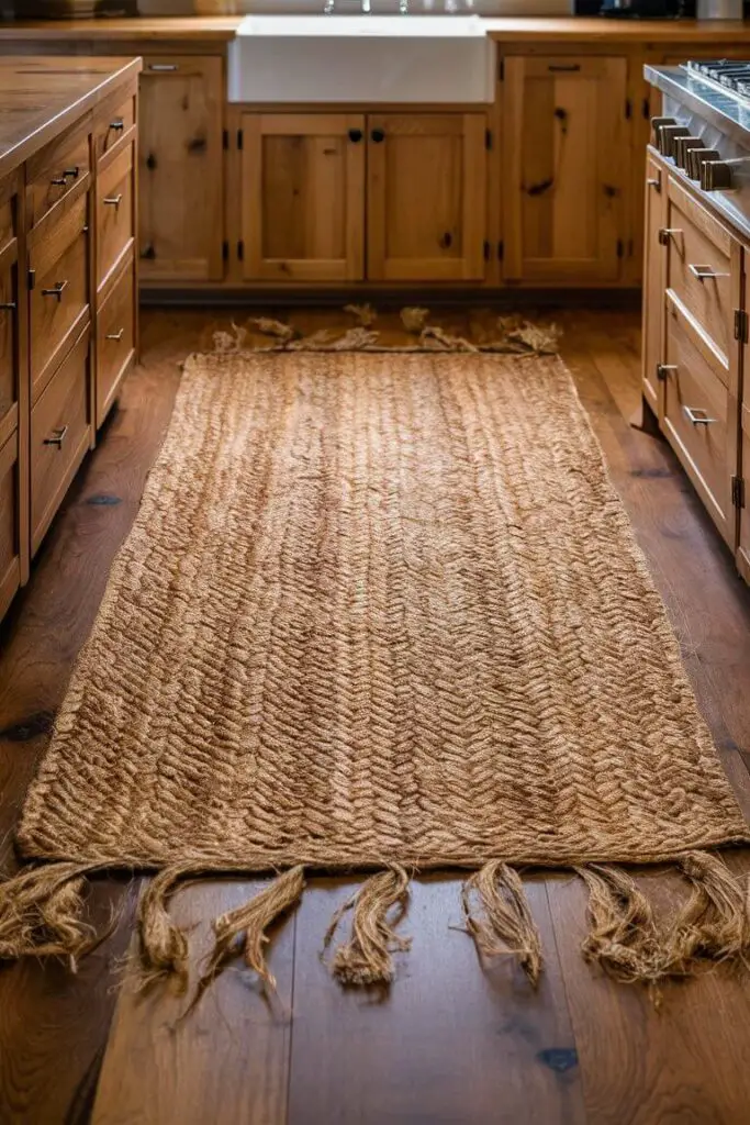 The kitchen exudes a warm, rustic charm with its earthy tones and natural materials. The focal point is a natural fiber rug made from jute, positioned centrally on the floor. The rug’s coarse texture and organic, golden-brown hue add a touch of nature to the space, infusing it with warmth and a homely feel. The braided pattern of the jute fibers is intricate and artisanal, showcasing the craftsmanship involved in its creation.

Surrounding the rug, the kitchen floor is made of polished hardwood planks, their rich, dark brown color providing a beautiful contrast to the lighter jute rug. The floorboards have a slight sheen, indicating they are well-maintained, and their grain adds further texture to the overall aesthetic.

The wooden cabinets are a standout feature, crafted from oak with a natural finish that highlights the wood’s grain and knots. The cabinet doors are simple, adorned with black wrought iron handles that give a nod to rustic design. The countertops are a smooth, matte granite in a neutral, earthy tone, complementing the wooden elements and jute rug perfectly.

Above the countertops, open wooden shelves display an array of ceramic dishes and glass jars filled with dried herbs and pantry staples. The ceramics are in muted earth tones – shades of cream, brown, and green – adding to the kitchen's cohesive natural palette. The jars are neatly organized, each with a simple label, contributing to the kitchen's tidy and welcoming atmosphere.

A large farmhouse sink, made of white porcelain, is set into the countertop, its apron front adding to the rustic charm. Beside the sink, a brass faucet with a slightly aged patina brings a touch of vintage elegance to the space.

Natural light floods in from a window above the sink, illuminating the kitchen and highlighting the textures of the rug, wood, and ceramics. The window has a simple linen curtain in a light beige color, pulled to the side to let in the maximum amount of light. Outside, a glimpse of lush greenery is visible, enhancing the earthy ambiance of t