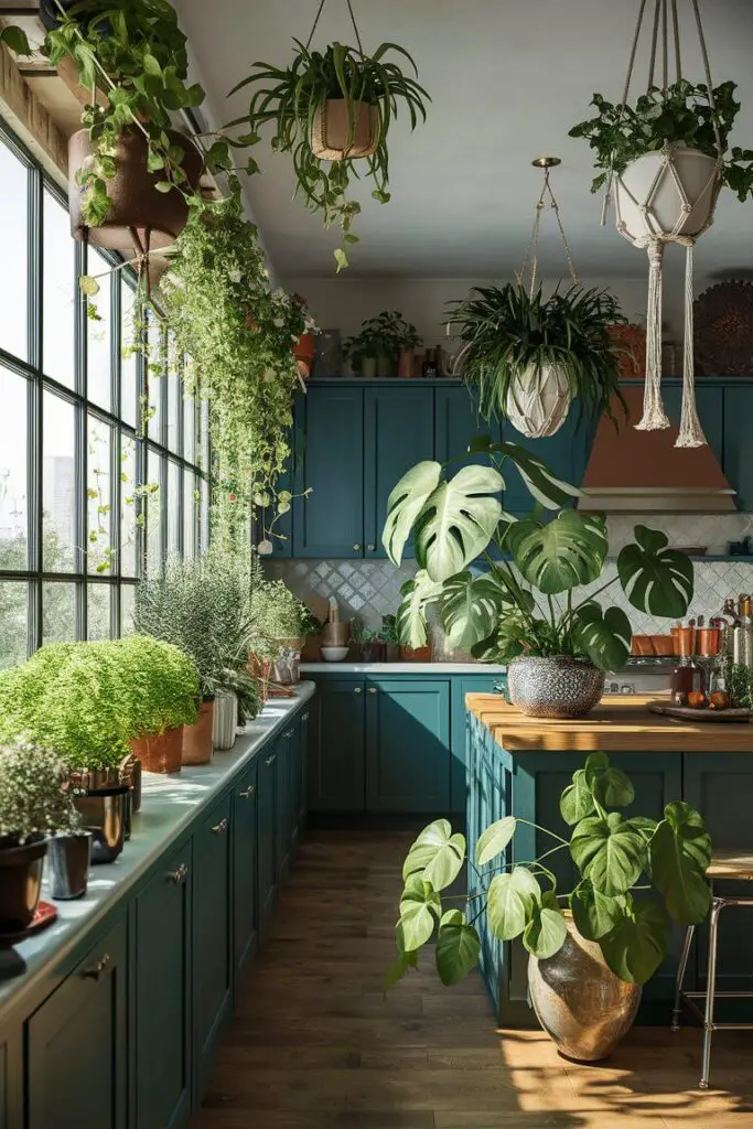 This stunning kitchen is a vibrant and eclectic haven bursting with greenery, creating a cozy and inviting atmosphere. A large window on one wall allows an abundance of natural light to flood the room, highlighting the thriving potted herbs such as basil, rosemary, and thyme on the windowsill. The bright green herbs contrast beautifully with the streaming sunlight. Above the kitchen island, stylish planters hang from the ceiling, housing trailing plants like ivy and spider plants. The diverse planters, made of materials like macramé and ceramic, add to the kitchen's eclectic charm. The room is further adorned with large leafy greens like fiddle-leaf figs and monstera plants, standing tall in a mix of pots ranging from rustic terracotta to modern metallic designs. The rich teal cabinets