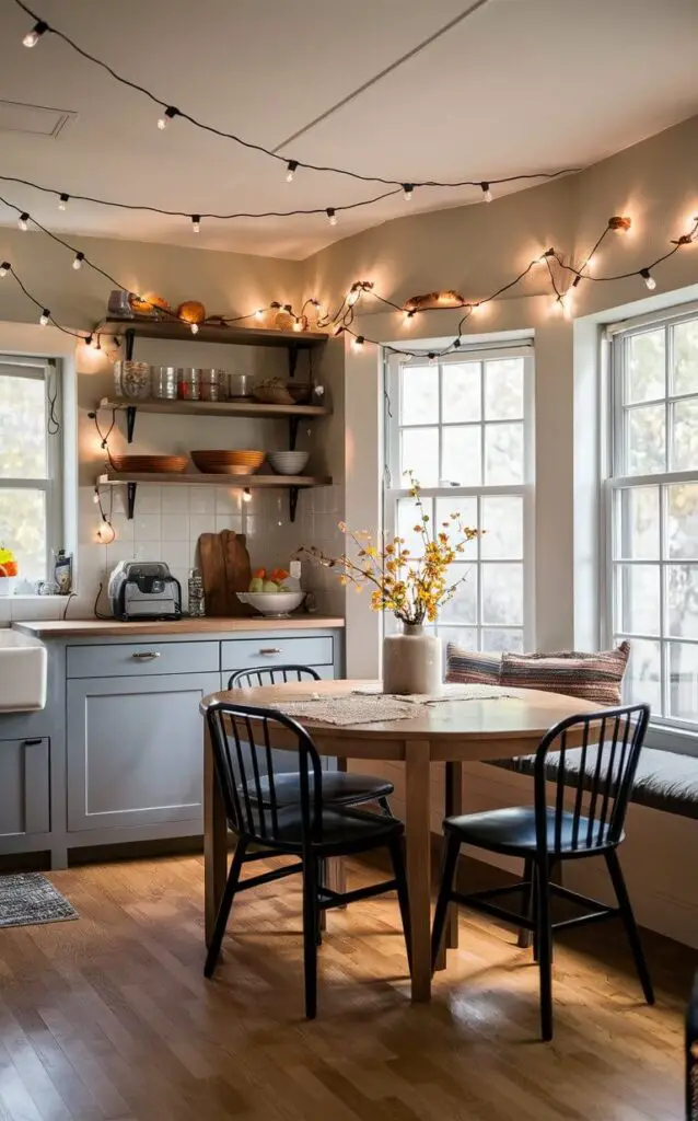 String lights draped across kitchen shelves, around windows, and over the dining area. These lights create a cozy, illuminated space perfect for fall evenings, adding to the seasonal decor.