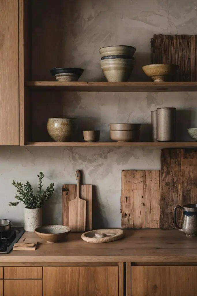 a close- up shot of a Japandi kitchen featuring Wabi-Sabi elements, such as handmade ceramics, reclaimed wood, and textured fabrics. These imperfect and natural items celebrate the beauty of imperfection.