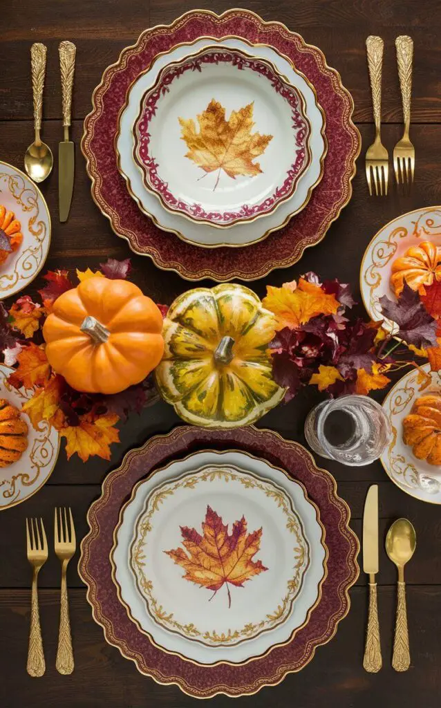 A beautifully set dining table for a cozy fall feast with layered tableware. The table features a charger adorned with a golden leaf pattern, a decorative dinner plate with a rich, burgundy scalloped border, and a coordinating salad plate with a subtle, multicolored autumn leaf design. The dishes, in warm autumnal colors, are filled with delicious seasonal fare, such as pumpkin-shaped bowls and plates with intricate, swirling leaf patterns. The overall atmosphere is warm and inviting, perfect for a family gathering or a friendly dinner party to celebrate the arrival of fall.