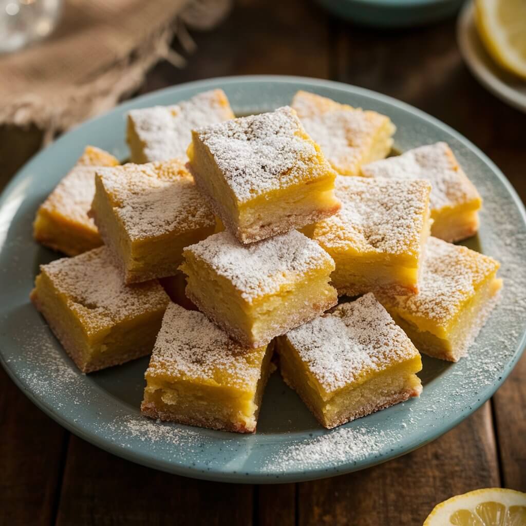 A delectably tempting photo of a plate filled with small, lemon bars. Each bite is topped with a delicate dusting of powdered sugar, giving them a snowy appearance. The bars appear rich and dense, promising an indulgent and satisfying sweet treat. The plate sits on a rustic wooden table, surrounded by a cozy atmosphere with warm lighting