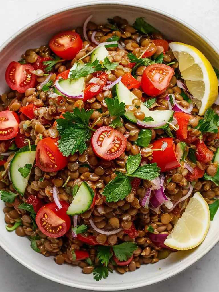 A vibrant bowl of lentil salad on a round bowl. The salad is a colorful medley of pale brown lentils, finely diced red bell peppers, juicy cherry tomatoes cut in halves, crisp cucumber slices, and thinly sliced red onions. Fresh parsley and mint leaves are sprinkled throughout, adding a pop of green. The salad is lightly coated with a glossy vinaigrette, giving it a fresh and inviting look. A lemon wedge is placed on the side, hinting at the zesty flavors within. The overall presentation is fresh, healthy, and appetizing.