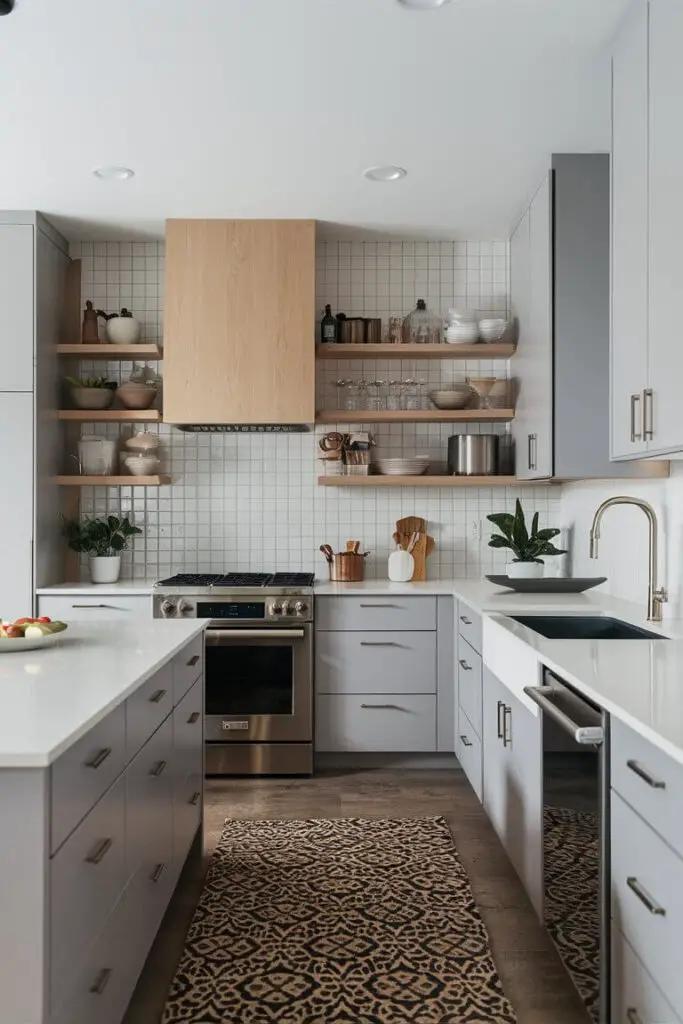 A contemporary kitchen highlighting the light gray and white color combination. Light gray cabinets are complemented by white countertops and a white tile backsplash, creating a sleek and modern space.