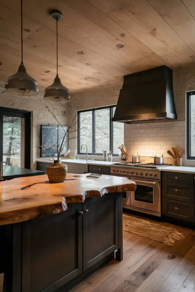 An earthy kitchen showcasing a live-edge wood countertop. The organic shape and natural beauty of the wood become a focal point, paired with simple cabinetry for a rustic yet refined look.