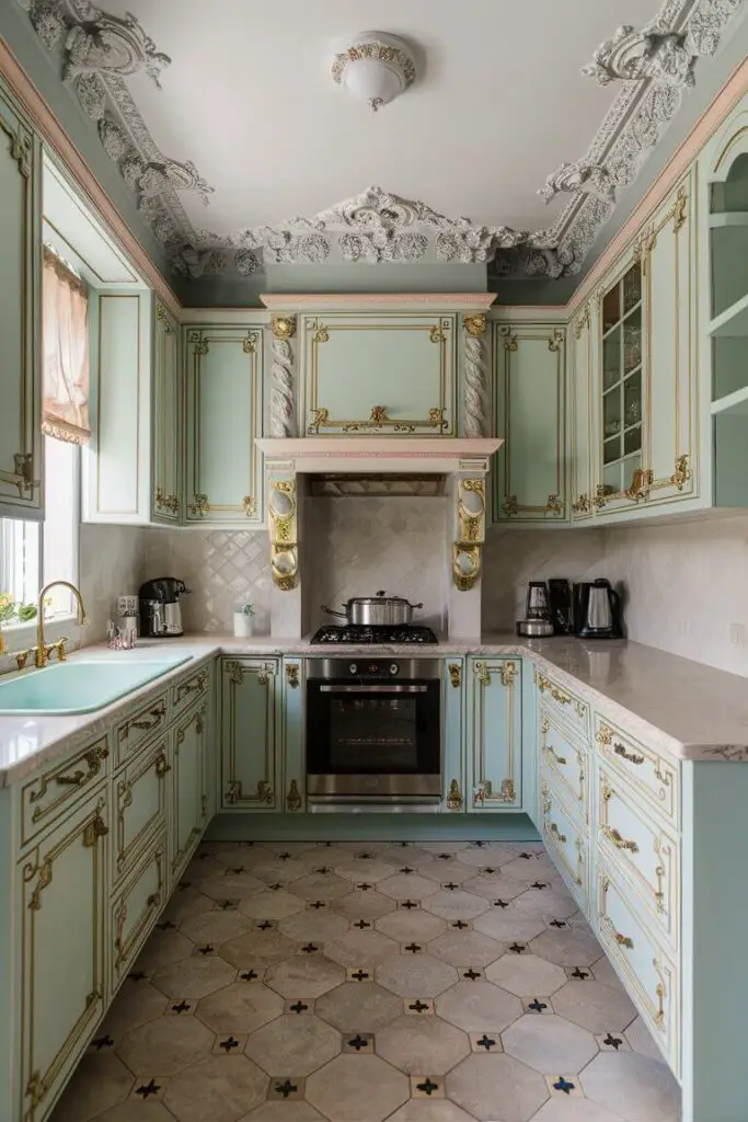 The Louis XV-style kitchen is a stunning display of Rococo design elements, blending opulence with a light and airy ambiance. The cabinetry, painted in soft pastel shades of mint green, pale pink, and sky blue, creates a serene and inviting atmosphere. Each cabinet door and drawer front is adorned with intricate moldings, featuring delicate floral motifs and scrolling patterns typical of the Rococo style.

Above the cabinets, there are lavish chandeliers hanging from the ceiling. These chandeliers are adorned with sparkling crystal droplets, reflecting light and casting a warm, elegant glow throughout the room. The ceiling itself is painted in a soft off-white color and features elaborate plaster moldings, adding to the grandeur of the space.

The countertops are made of pristine white marble with subtle gray veining, exuding luxury and sophistication. Centered on one of the countertops is a sleek gas stove with brass burner caps and intricate detailing around the edges, harmonizing with the kitchen's overall aesthetic. Beside the stove is a large, stainless steel kitchen sink with a high-arched, polished faucet. The sink area also includes a dishwasher seamlessly integrated into the cabinetry, with a front panel matching the pastel colors of the surrounding cabinets.

Porcelain accents are thoughtfully placed around the kitchen, such as delicate porcelain vases filled with fresh flowers, adding to the kitchen's charm. On the marble countertop, there's a set of porcelain canisters decorated with hand-painted floral designs, perfectly complementing the Rococo theme.

In the background, there's a large window with sheer, flowing curtains in a pale, buttery yellow, allowing natural light to flood the room and enhance the airy feel. Below the window, a comfortable breakfast nook features a small round table with an ornate, carved wooden base and a marble top, surrounded by elegant upholstered chairs with curving legs and intricate carvings.

Every element of this Louis XV-style kitchen, from the ornate decorations and pastel colors to the luxurious materials and delicate accents, combines to create a space that is both opulent and inviting, a true reflection of Rococo elegance.