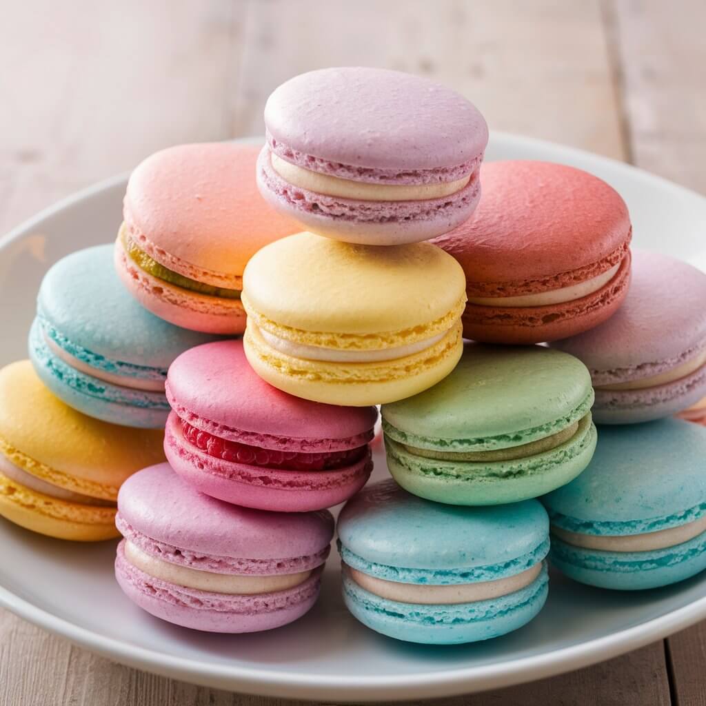 A platter of delicate macarons in a rainbow of colors. Each macaron has a crisp shell and a creamy filling in flavors like vanilla, raspberry, and pistachio. They are artfully arranged in a pyramid.