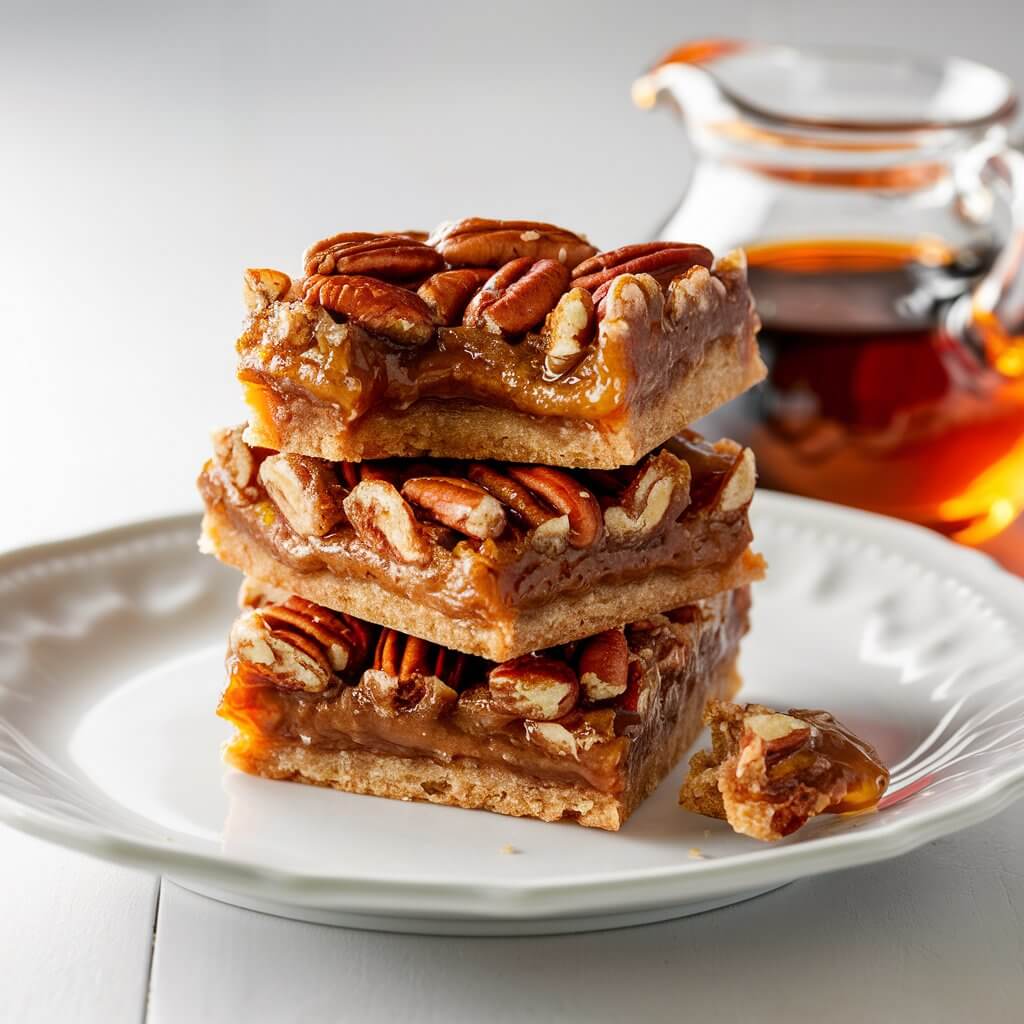 A delectable photograph of a stack of chewy maple pecan bars on a pristine white plate. The layers of rich maple filling and crunchy pecans are clearly visible, and the top bar is bitten to reveal the soft and gooey texture. In the background, a glass jug filled with golden maple syrup, emphasizing the ingredients used to create this scrumptious treat.