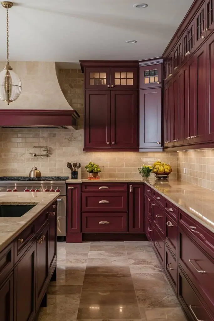 The photograph showcases an elegant kitchen that perfectly marries sophistication with warmth through its maroon and beige color palette. The dominant feature of the kitchen is the striking maroon cabinetry. These cabinets, both upper and lower, are finished in a rich, deep maroon hue, giving the kitchen a luxurious and refined appearance. The cabinet doors have a smooth, glossy finish with sleek, modern handles in brushed brass, adding a touch of opulence.

Complementing the maroon cabinets are the beige countertops, crafted from a polished granite material that adds a subtle, yet noticeable, texture to the kitchen. The countertops are flawlessly smooth, with faint natural veining that enhances their visual appeal. They provide a perfect balance to the bold cabinetry, creating a harmonious and inviting space.

The backsplash features classic beige subway tiles, arranged in a horizontal brick pattern. The tiles have a matte finish, providing a soft contrast to the glossy countertops and cabinetry. The grout lines are slightly darker than the tiles, adding depth and dimension to the backsplash and highlighting the meticulous craftsmanship.

A large kitchen island sits at the center of the room, matching the maroon cabinetry with a beige granite countertop. This island serves as both a functional workspace and a social hub, equipped with a sink and additional storage. Surrounding the island are high-back bar stools with maroon leather seats and dark wooden legs, adding elegance and comfort.

Above the island, a set of pendant lights hangs from the ceiling. These lights feature intricate brass fixtures and frosted glass shades, casting a warm, ambient light that enhances the kitchen's cozy atmosphere. The light from these fixtures beautifully highlights the maroon and beige tones, creating a soft, inviting glow.

The flooring is made of wide plank hardwood with a rich, dark brown stain. The wood's natural grain adds texture and warmth, perfectly complementing the maroon and beige color scheme. The floor's dark tone 